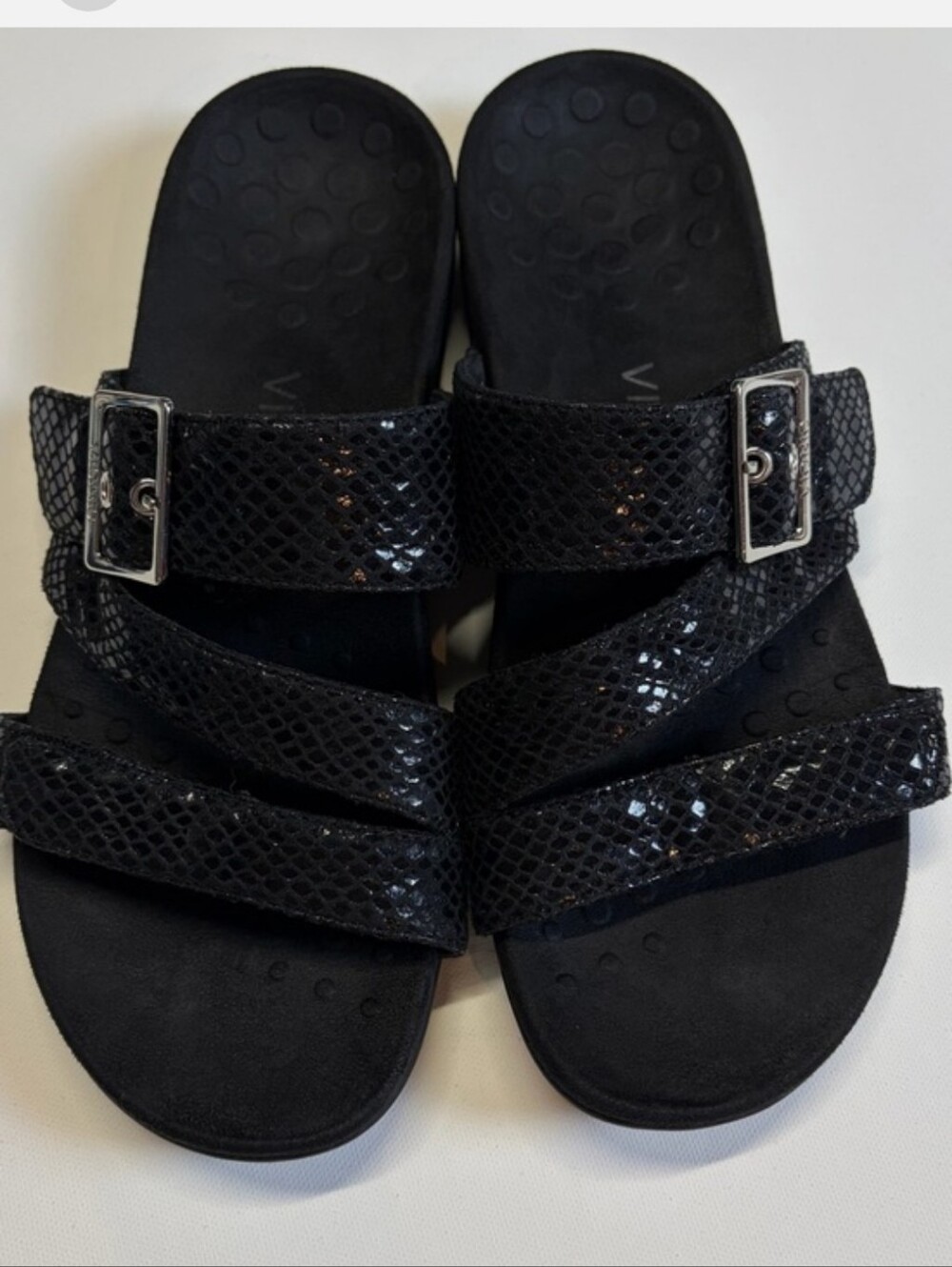 Vionic Black Snakeskin Print Orthotic Slide Sandals Adjustable Buckle Size 10